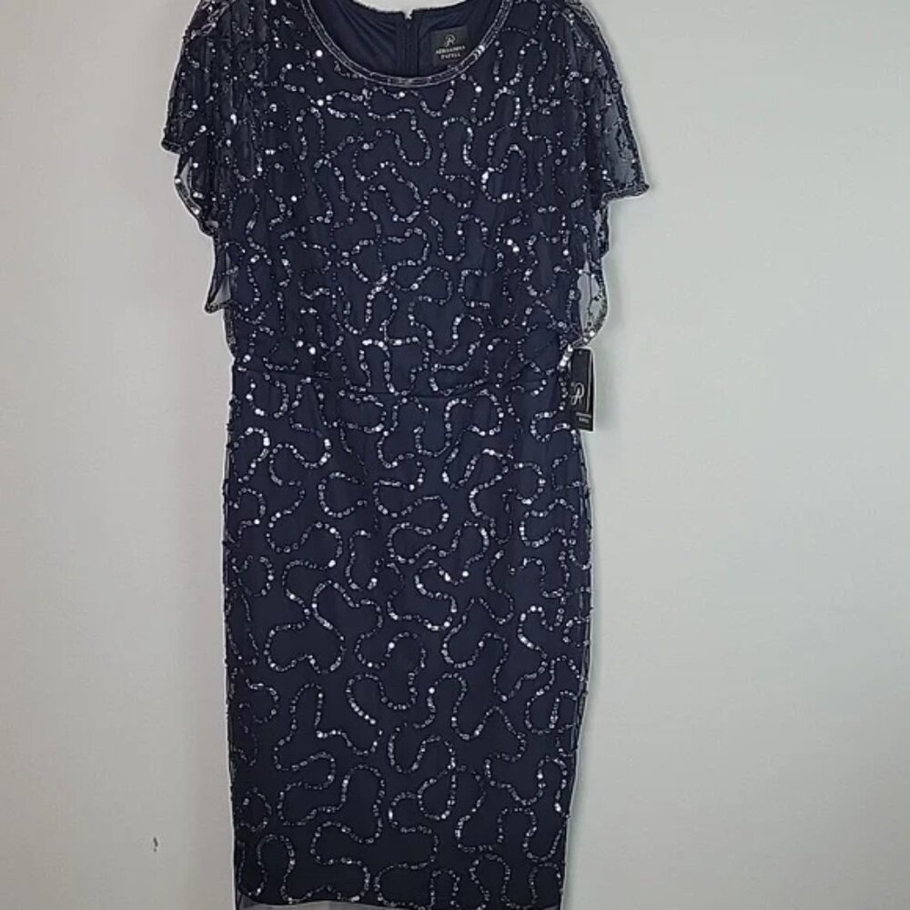 NEW Adrianna Papell navy blue silver sequin cocktail dress size 12